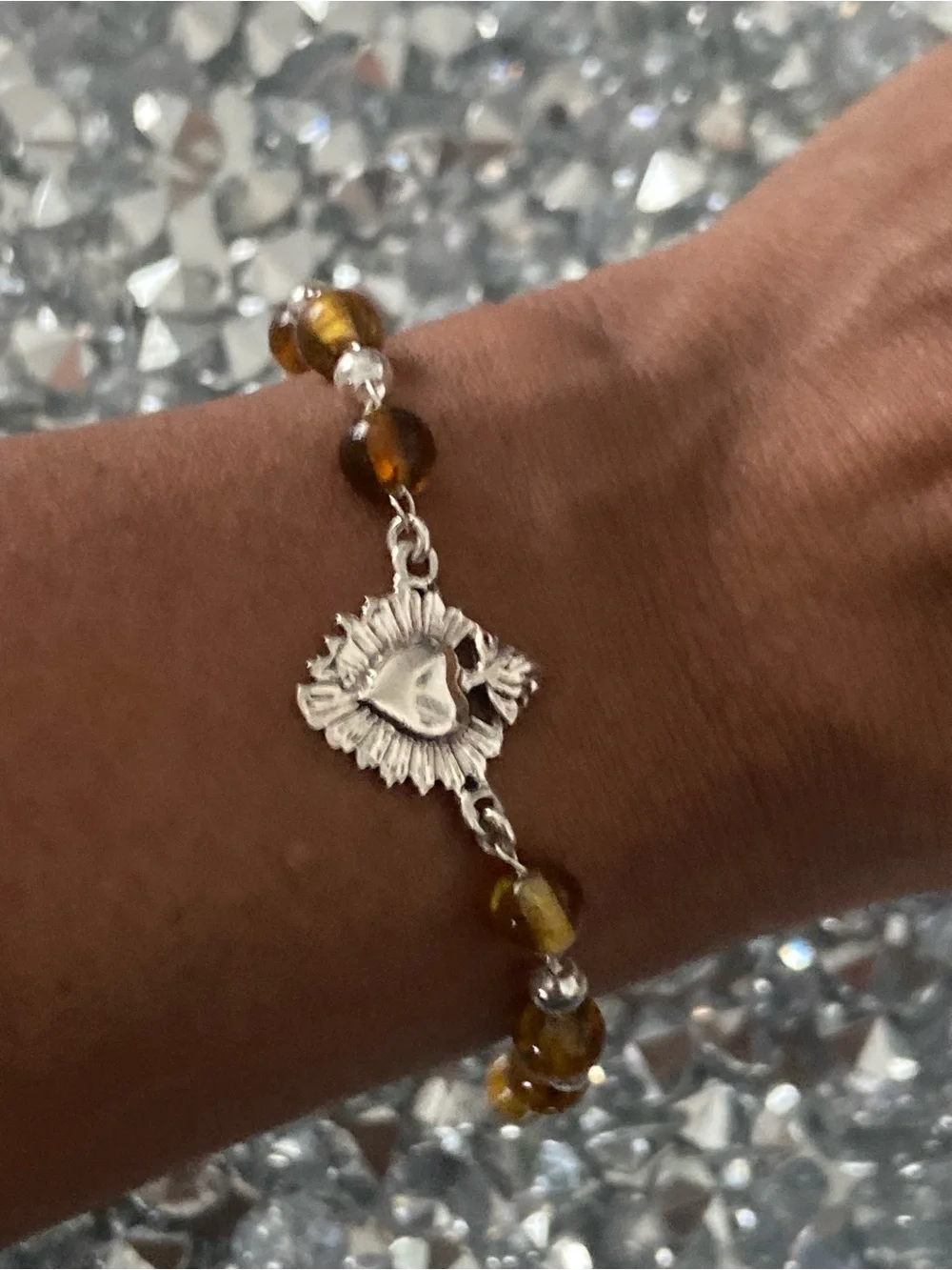 Silver 925 Sacred Heart Amber Beaded Bracelet - Women Jewelry